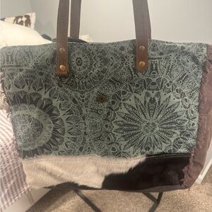 Myra Bag Green and Brown Patterned Tote